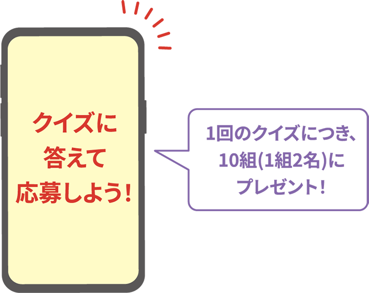 クイズに答えて応募しよう!1回のクイズにつき、10組(1組2名)にプレゼント!