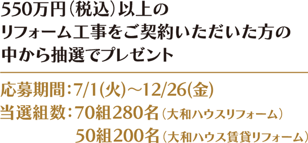 550萬円(稅込)以上のリフォーム工事をご契約いただいた方の中から抽選でプレゼント 応募期間:7/1(火)~12/26(金) 當選組數:70組280名(大和ハウスリフォーム) 50組200名(大和ハウス賃貸リフォーム)