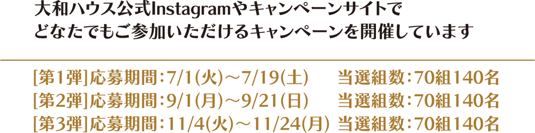 大和ハウス公式Instagramやキャンペーンサイトでどなたでもご參加いただけるキャンペーンを開催しています [第1弾]応募期間：7/1(火)～7/19(土) 當選組數：70組140名 [第2弾]応募期間：9/1(月)～9/21(日) 當選組數：70組140名 [第3弾]応募期間：11/4(火)～11/24(月) 當選組數：70組140名