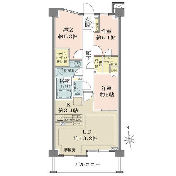 【最上階物件】約75m2の3LDK、約13帖の橫長のリビングにつき、ゆったりとお過ごしいただけます。