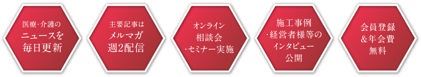醫療?介護のニュースを毎日更新 / 主要記事はメルマガ週2配信 / オンライン相談會?セミナー実施 / 施工事例?経営者様等のインタビュー公開 / 會員登録&年會費無料