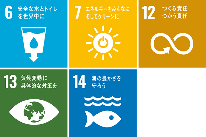 6 安全な水とトイレを世界中に 7 エネルギーをみんなにそしてクリーンに 12 つくる責任つかう責任 13 気候変動に具體的な対策を 15 海の豊かさを守ろう