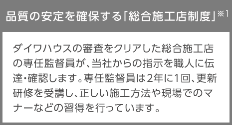 品質(zhì)の安定を確保する「総合施工店制度」※1…ダイワハウスの審査をクリアした総合施工店の専任監(jiān)督員が、當(dāng)社からの指示を職人に伝達(dá)?確認(rèn)します。専任監(jiān)督員は2年に1回、更新研修を受講し、正しい施工方法や現(xiàn)場でのマナーなどの習(xí)得を行っています。