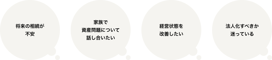 將來の相続が不安 家族で資産問題について話し合いたい 経営狀態を改善したい 法人化すべきか迷っている