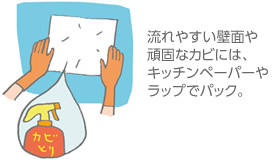 流れやすい壁面や頑固なカビには、キッチンペーパーやラップでパック。