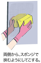 両側から、スポンジで挾むようにしてこする。