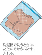 洗濯機で洗うときは、たたんでから、ネットに入れる。