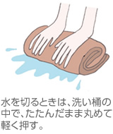 水を切るときは、洗い桶の中で、たたんだまま丸めて軽く押す。