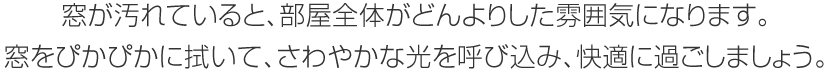 窓が汚れていると、部屋全體がどんよりした雰囲気になります。窓をぴかぴかに拭いて、さわやかな光を呼び込み、快適に過ごしましょう。