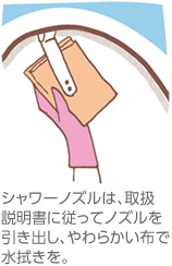 シャワーノズルは、取扱説明書に従ってノズルを引き出し、やわらかい布で水拭きを。